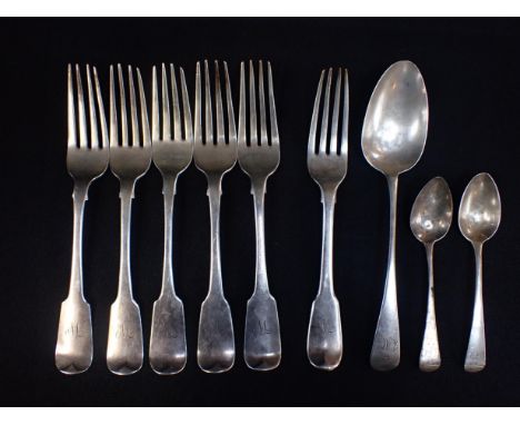 FIVE SILVER FORKS, CHARLES STEWART, DUBLIN 1826 with a matched London silver fork, and other small silver