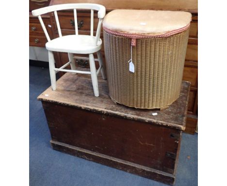 A VICTORIAN PINE TRUNK 84cm wide, a child's bow-back armchair with elm seat (painted white) and a Lloyd loom lidded basket (3