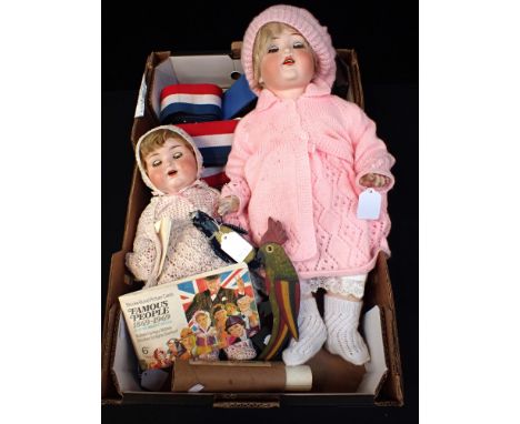 A GERMAN A M BISQUE HEAD DOLL another (damaged), a collection of Lloyds book savings boxes (no keys), and other items