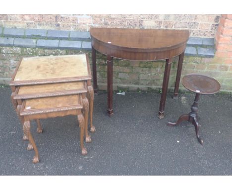 A MAHOGANY DEMI-LUNE CARD TABLE 92cm wide, a walnut nest of three tables, and a wine table