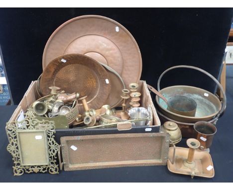A HEAVY COPPER PAN, A BRASS FRAME and other metal ware, including trays, candlesticks, a Wembley Exhibition caddy and other i