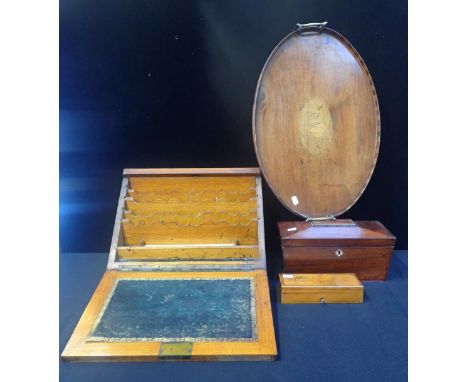A VICTORIAN OAK STATIONERY BOX, WITH WRITING SURFACE 43cm wide, a marquetry tray, a sarcophagus tea caddy (no cannisters) and