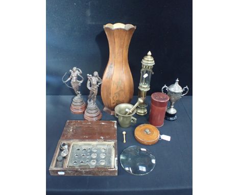 A PHARACEUTICAL CHRISTY 'IDEAL' CACHET MACHINE (cased), a mortar and pestle, a 'GWR' style lamp, lacquer caddy, a large lens,