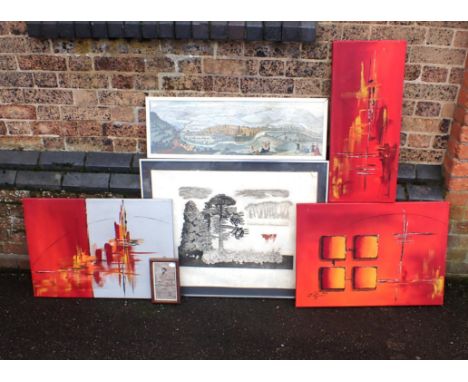JUNE BERRY: 'EARLY ONE MORNING' composite multi-plate etching, 68 x 86cm framed (foxed), with three modern abstract canvases,
