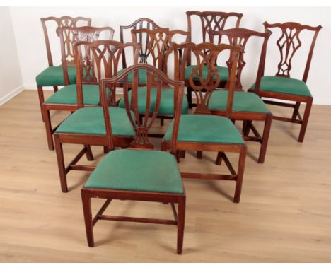 A HARLEQUIN SET OF GEORGE III MAHOGANY DINING CHAIRS comprising eight of Chippendale style and two of Sheraton style, includi