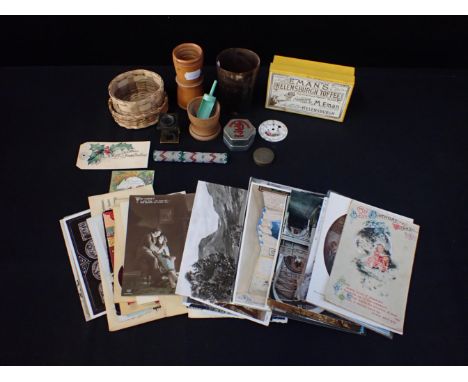 A PAINTED ENAMEL WATCH DIAL, A HORN BEAKER an Empire Exhibition 1938 box, and other small collectibles