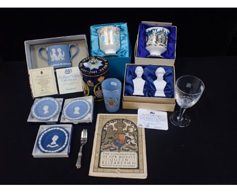 A PAIR OF POOLE POTTERY 1981 ROYAL WEDDING BUSTS limited edition 152/2000, a Wedgwood jasper loving cup 1924/3000, other roya