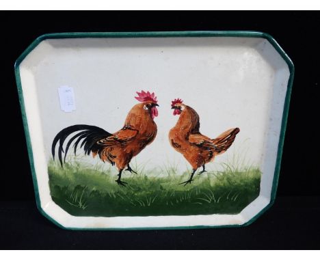 A WEMYSS WARE COMB TRAY BY ROBERT HERON &amp; SONS, PAINTED WITH COCKEREL and chicken 25cm wide, impressed mark (small crack)