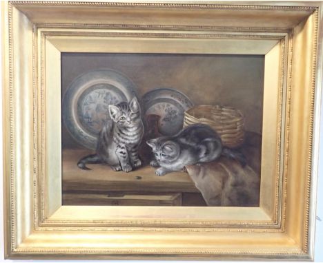 JULIA BOORG (?) 19th CENTURY TWO CATS, WITH A FLY on a shelf with willow pattern plates, oil on canvas dated 1899, 36 x 46cm,