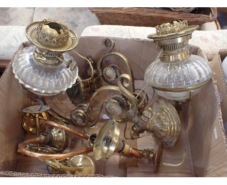 A FINE PAIR OF CUT GLASS OIL LAMPS ON WALL BRACKETS converted to electricity, with other Victorian lighting brackets, also al