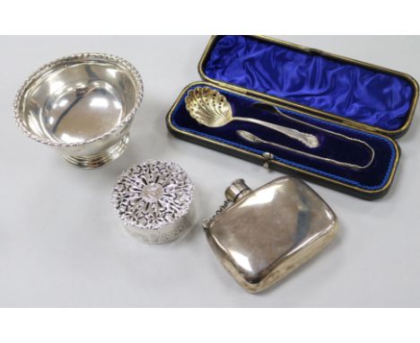 A Victorian silver hip flask, a silver bowl, a silver pot pourri box and a cased silver sifter spoon and tongs.