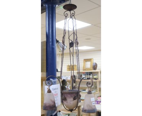A Degus Art Nouveau wrought iron and glass ceiling light length 94cm