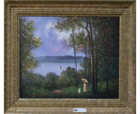 K. Beiber, oil on canvas, Edwardian figures beside a lake, signed, 49 x 59cm