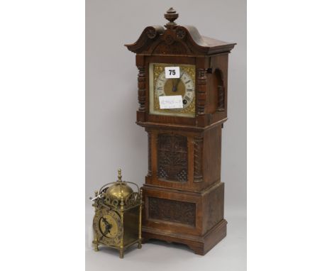 A brass lantern clock and a miniature longcase clock longcase 49cm