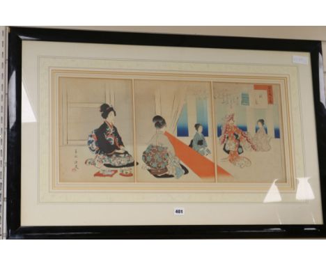 Japanese School, woodblock triptych print, seated geishas each 30.5 x 23.5cm