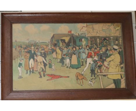 Cecil Aldin, three colour prints, Tavern interiors and a country fair, largest 38 x 61cm