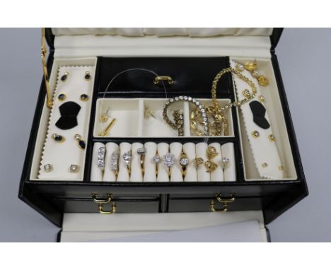 A jewellery box of costume jewellery and five gold plated Rotary watches.