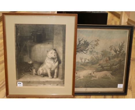 Earlom after Town, colour engraving, Bull Dogs and Badger, overall 50 x 60cm and another Bulldog print after Landseer, 48 x 3