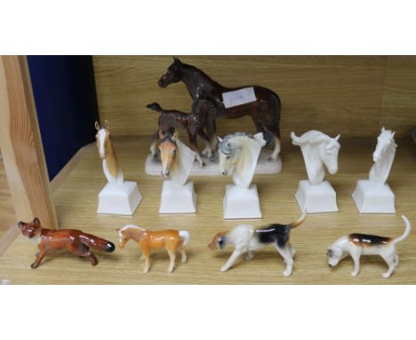 Five Royal Worcester Racehorse busts and other animal figures
