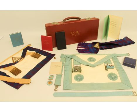 An Isaac Newton University Lodge (Cambridge University (No. 859)) regalia case and its contents. The&nbsp;case with gilt tool