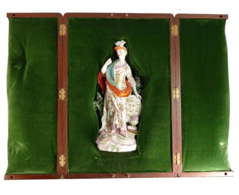 Derby soft-paste porcelain figure of Minerva, c.1780 . Decorated in underglaze turquoise, red and pink with overglaze detaili