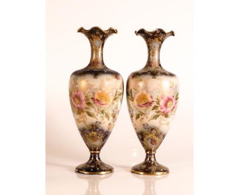 Carlton ware Ivory Blushware twin Baluster vases in the Arvista pattern with Cobalt blue ground and gilt and enamel highlight