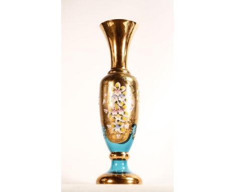 A 20th century Bohemian Cobalt blue glass vase with gilt and enamel flower overlay, height: 35cm 