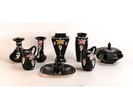 A collection of Shelley Black Rosata &amp; similar pattern items to include candlestick, vases, jugs &amp; lidded pot etc. Li
