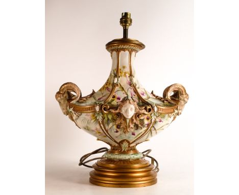 A large Royal Worcester lamp, hand painted all over with Orchids by F Roberts, the shaped &amp; panelled base moulded with ra