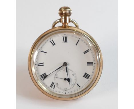 9ct gold keyless pocket watch, replacement steel bow, 88.5g. 