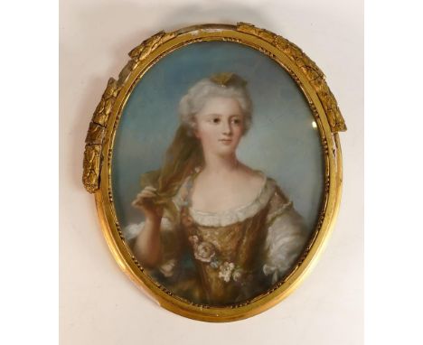 European School female pastel portrait of a lady with floral sash. Height: 41cm Width: 35.5cm Damage and losses to upper foli