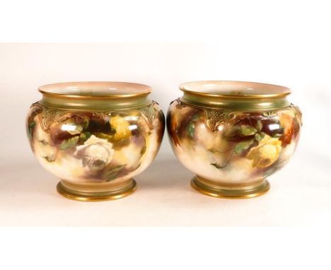 Pair of Royal Worcester Hadley Ware jardinières, gilded &amp; hand painted with roses by M E Eaton, shape 276 d.25 x h.19.5cm