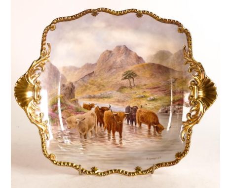 Royal Worcester hand painted handled bowl. Painted with Highland cattle by P. Stanley. Fully gilt border and handles. Diamete