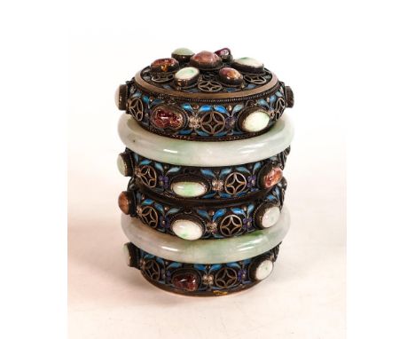 Early 20th century silver, enamel and hard stone tea caddy of cylindrical shape, applied with two jade bangles and a series c