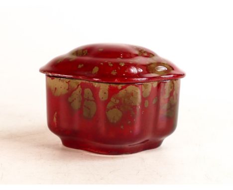 E. R. Wilkes, lidded quatrefoil trinket pot with mottled red and green glaze. 