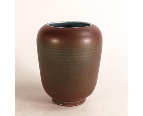 Wedgwood experimental Norman Wilson High Fired vase. Highly unusual colour form of brown to Red exterior with light blue turq