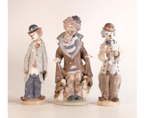 Lladro Clown figures Sad Sax 5471, Circus Sam 5472 &amp; Surprise 5901, tallest 25cm 