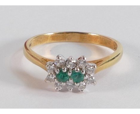 18ct emerald &amp; diamond ring, two small emeralds surrounded by 10 small diamonds, ring size P, 3.5g. 