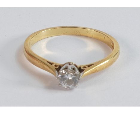 18ct gold diamond solitaire ring, diamond .25ct, ring size N/O, 2.6g. 