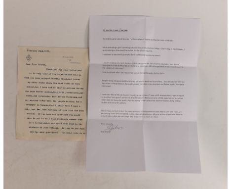 Daphne Du Maurier original signed, type written 2 sided letter dated Feb 22nd 1978, and on Kilmarth headed paper.  One of two