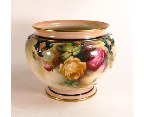 Royal Worcester Blush Ivory jardinière. Painted with Roses and buds with solid green banding to Rococo border. Height:  20cm 