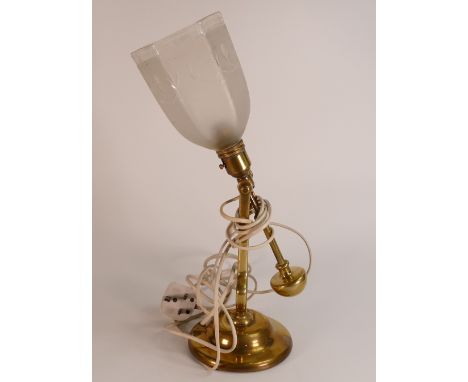 Dudills Gimbal lamp, Early 20th century of Brass construction with weighted base and floral etched hexagonal shade. Fitting i