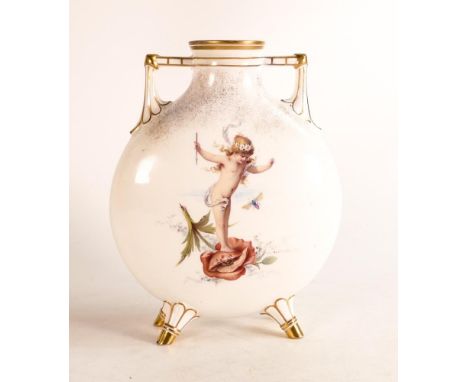 Minton Moon Flask, painted &amp; signed Antonin Boullemier, decorated with images of Putti, height 23.5cm - restored top rim.