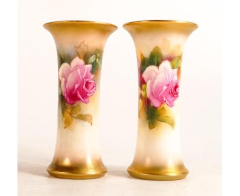 Royal Worcester hand painted Blush Ivory trumpet vases. Painted with Rose sprays. Slightly taller example by S Pilsbury, smal