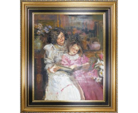 Very large oil painting on canvas - portrait of two children.  Measuring 129cm x 81cm excluding frame &amp; slip, 156cm x 126