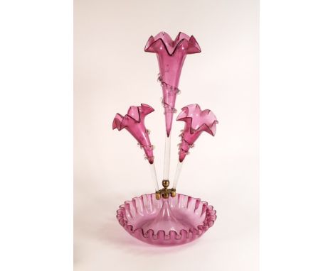 Victorian Cranberry glass Epergne with three branches height 51cm 