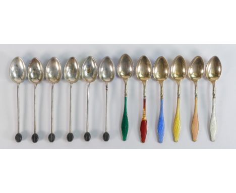Two sets of silver &amp; enamel coffee spoons - Bean end coffee spoons, enamelled to back of bowl, Birmingham 1930 (in good c