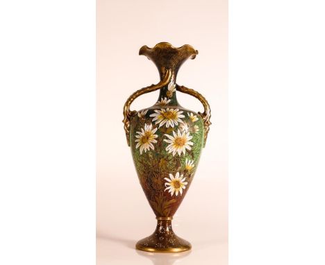 Carltonware Wiltshaw &amp; Robinson twin twisted handle vase in the Daisy pattern on green mottled ground. Small chip to unde