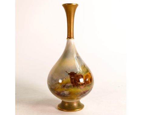 Royal Worcester hand painted bottle vase. Painted with Highland cattle by Harry Stinton. Height: 20.5cm 