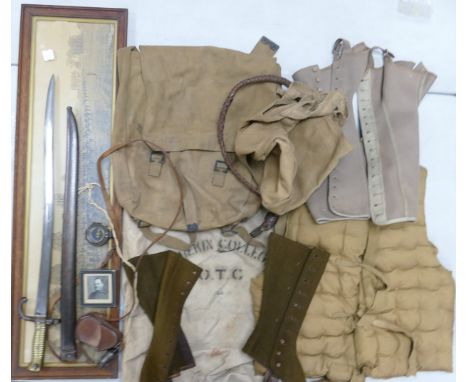 A collection of WWI &amp; WWII items to include Verners Pat VIII compass stamped Suiss stamp E Koehn, a French bayonet, bull 